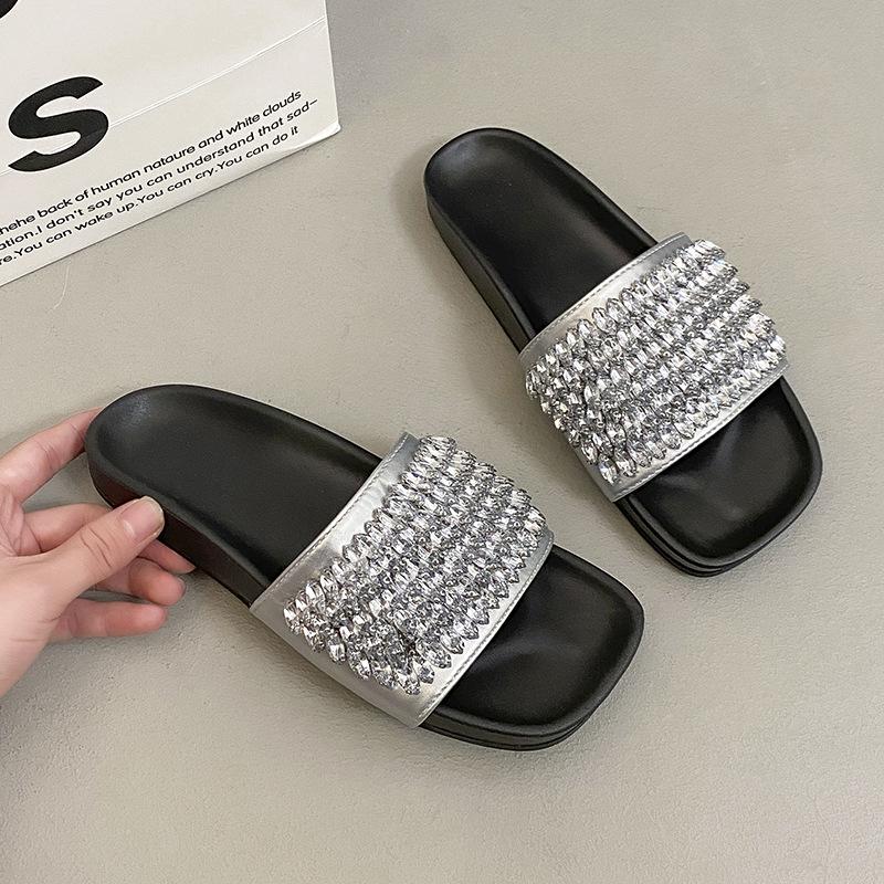 

Модные универсальные повседневные изысканные шлепанцы на толстой подошве со стразами, женские летние, в стиле ретро, с открытым носком, на плоской подошве, крутые шлепанцы 40 серебряный
