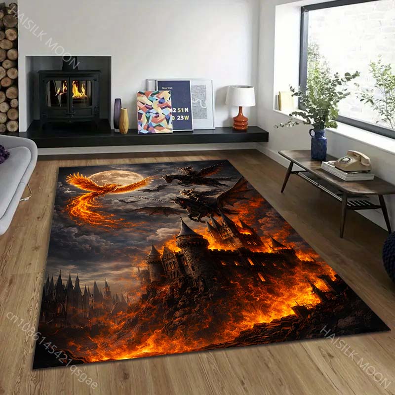 1PC Fiery Castle with Knights and Dragons Print Carpet Rug for Living Room Bedroom Sofa Doormat Home Decor Non-slip Floor Mat