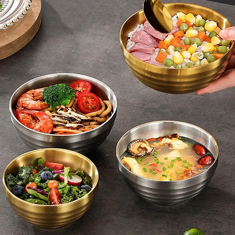 304 Stainless Steel Threaded Rice Bowl Dough Round Soup Double Layer Insulated Ramen Bowls Home Tableware Kitchen Accessories