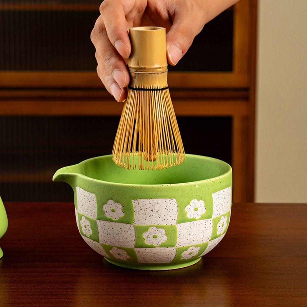 Checkered Sakura Pattern Matcha Whisk Stand Ceramic Green Tea Maker Cup for Tea Set Accessories