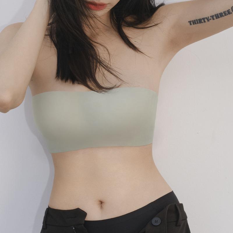 Strapless non-slip gathered big breasts show small tube top spring and summer thin invisible steel ring anti-light bra