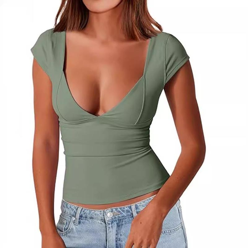 Summer Women's Fashion Queen Women's Sexy Deep V Neck Halter Top Short Sleeve Slim T-Shirt Basic