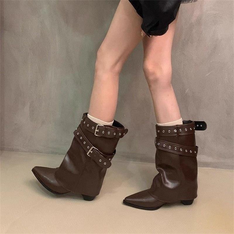 Bottes mi-mollet à tempérament rétro nouvelles bottes d'hiver pointues style cowboy western boucle de ceinture bottes pantalon