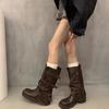 Foreign style is huge, good-looking medium boots for women's 2025 new popular super fire pile leather boots thick heel brown short boots