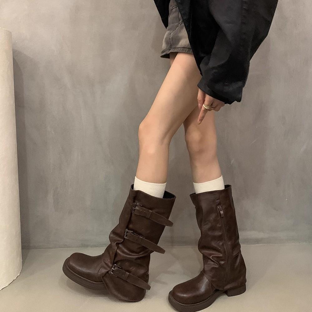 Foreign style is huge, good-looking medium boots for women's 2025 new popular super fire pile leather boots thick heel brown short boots