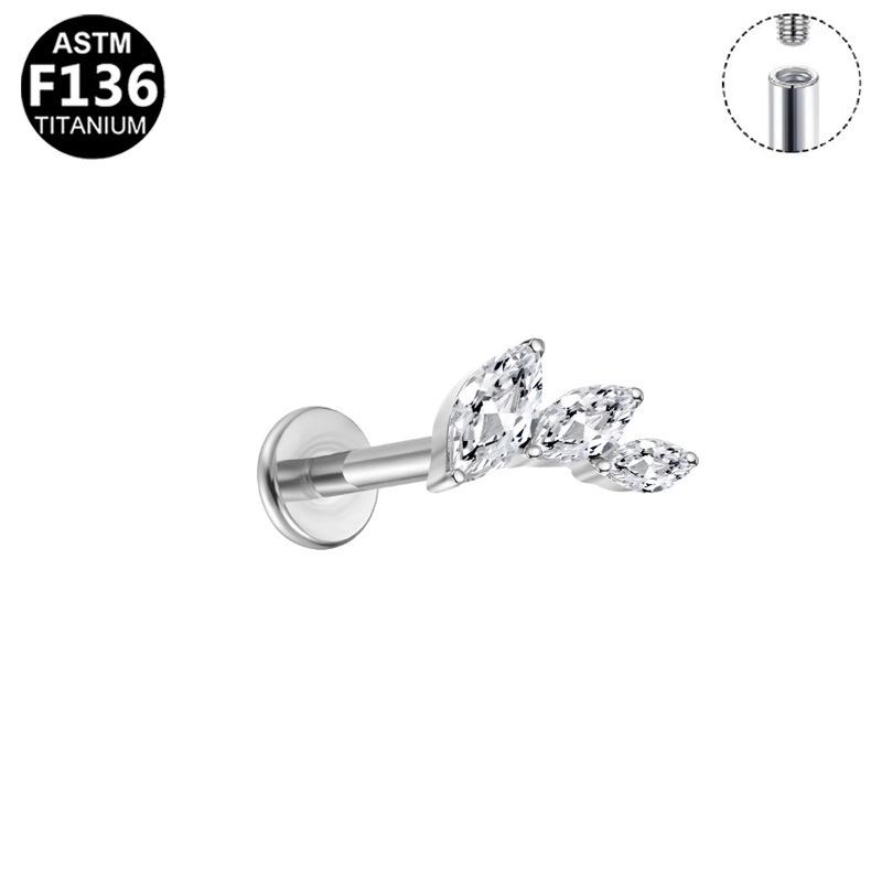 European and American Cross-Border Titanium Leaf Cartilage Stud with Zirconia - Internal Thread G23 Titanium Lip Stud