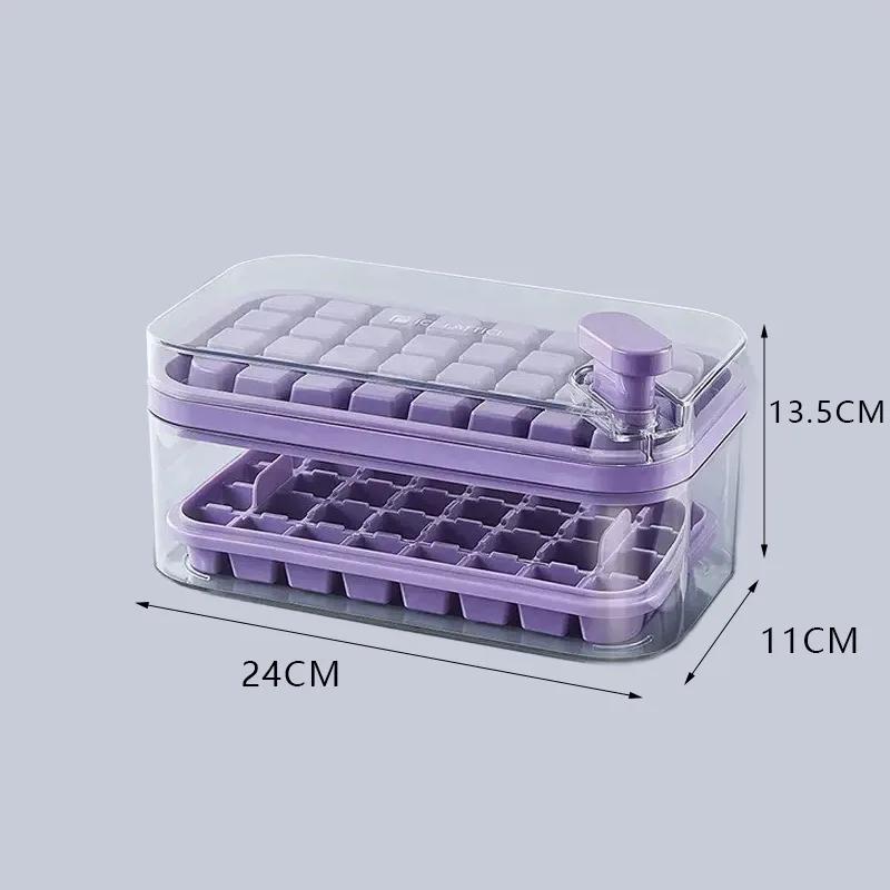 Ice Cube Maker Double Layer 64 Grid Silicone Ice Tray Mold with Cover Shovel Press Type  Ice  Making  Box  Ice Storage  Durable verde