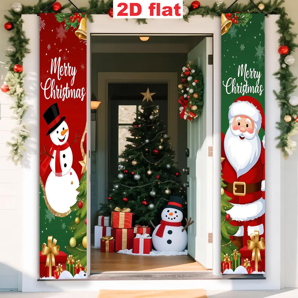 Merry Christmas Door Banner Couple Snowman Santa 1 Pair Polyester 30x180cm Indoor Outdoor Decor