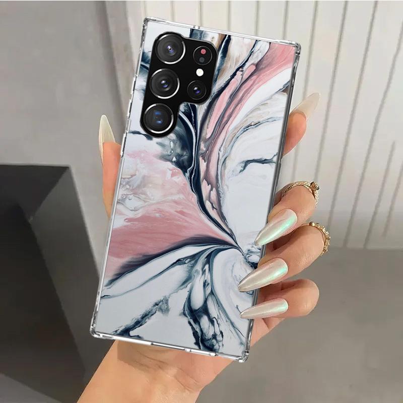 Fashion Gold Pink Geometric Marble Phone Case for Samsung Galaxy S26 S24 S23 Ultra S25 Edge S22 S21 Plus S20 FE + Soft Print She