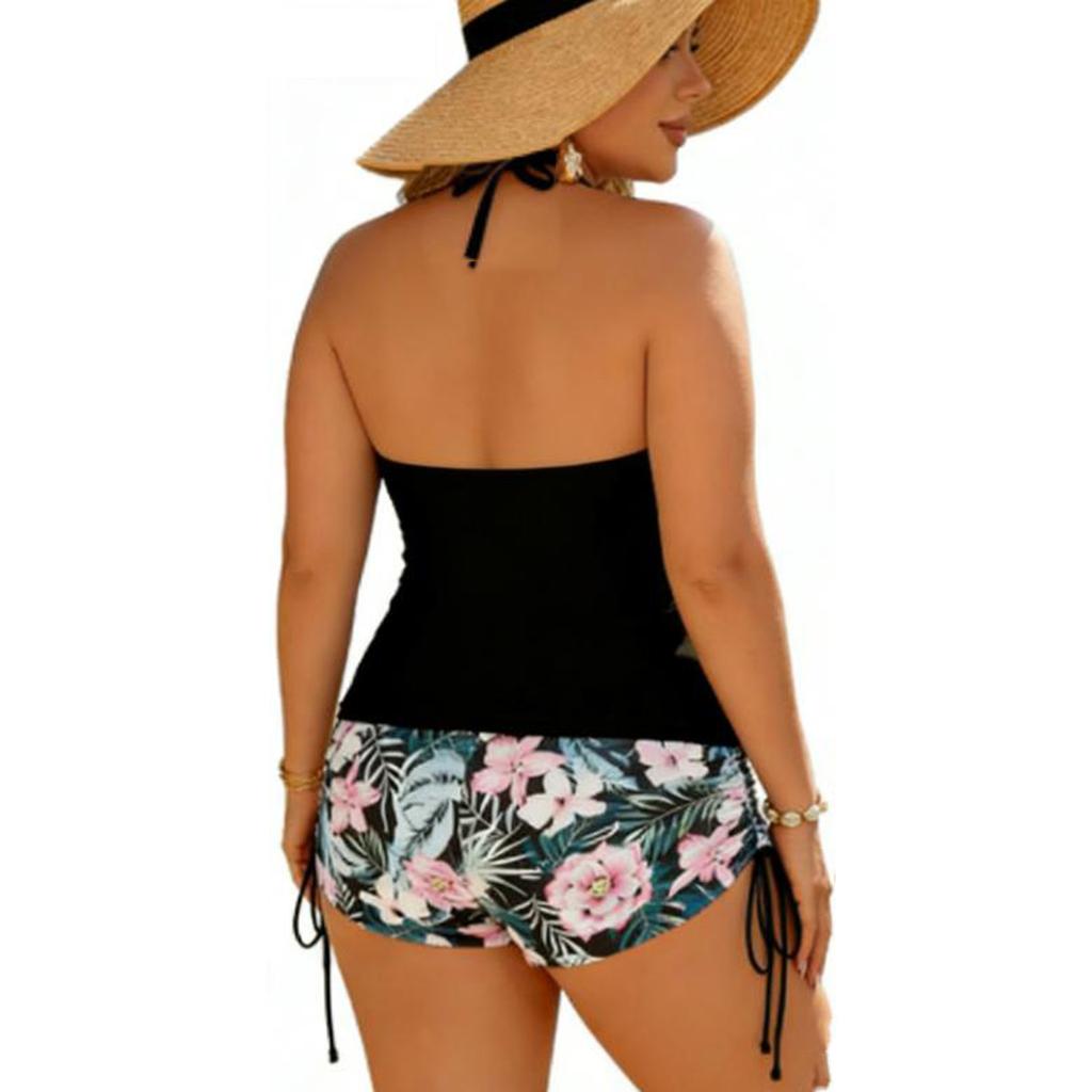Women’s Neck Tankini Top and Printed Drawstring Shorts Two Piece Swimsuit Plus Size Swimwear Set for Summer Beach Pool