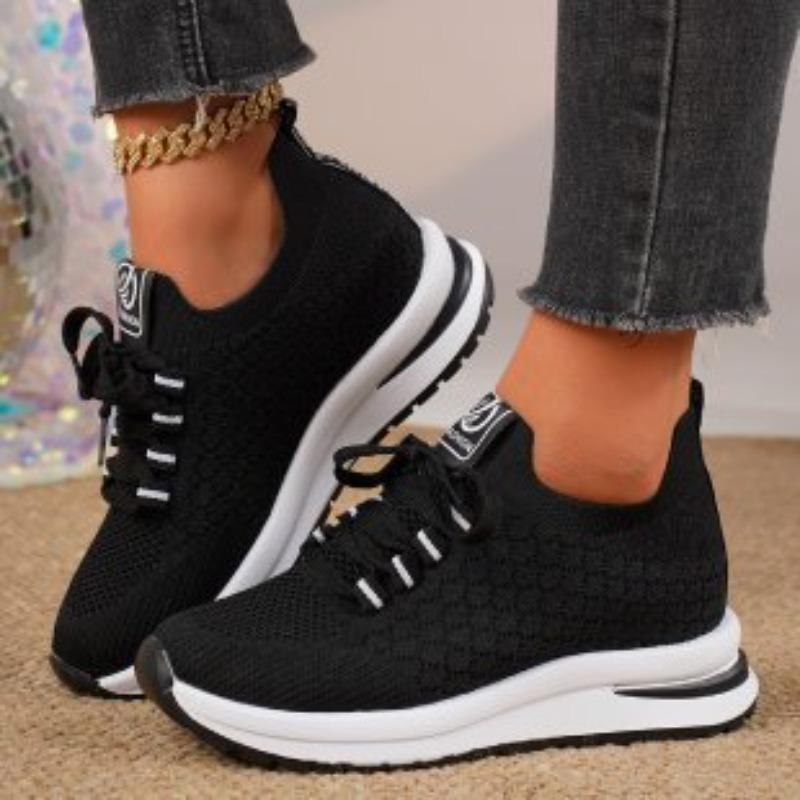 Women's Summer Lace-Up Thick-Soled Wedge Breathable Knit Mesh Casual Shoes, Height-Increasing Footwear, Available In Large Sizes.
