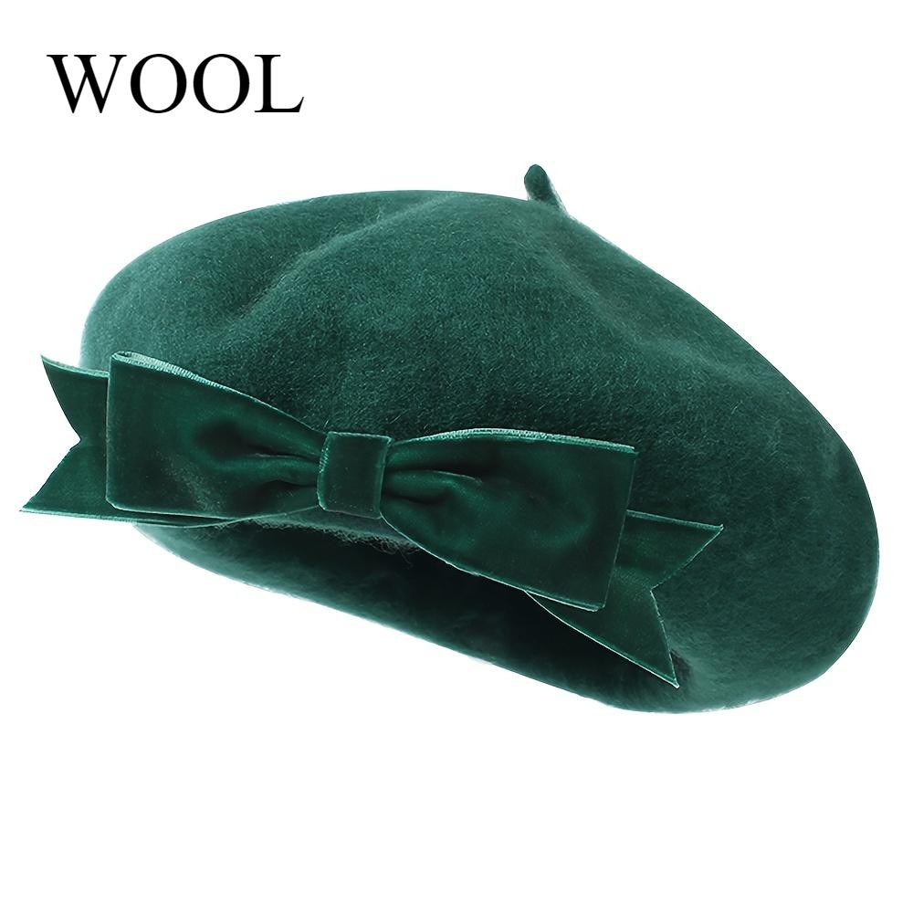 Elegant Dark Green Wool Beret with Large Bow Vintage Inspired Painter Cap for Women Perfect for Parties Trendy Outfits