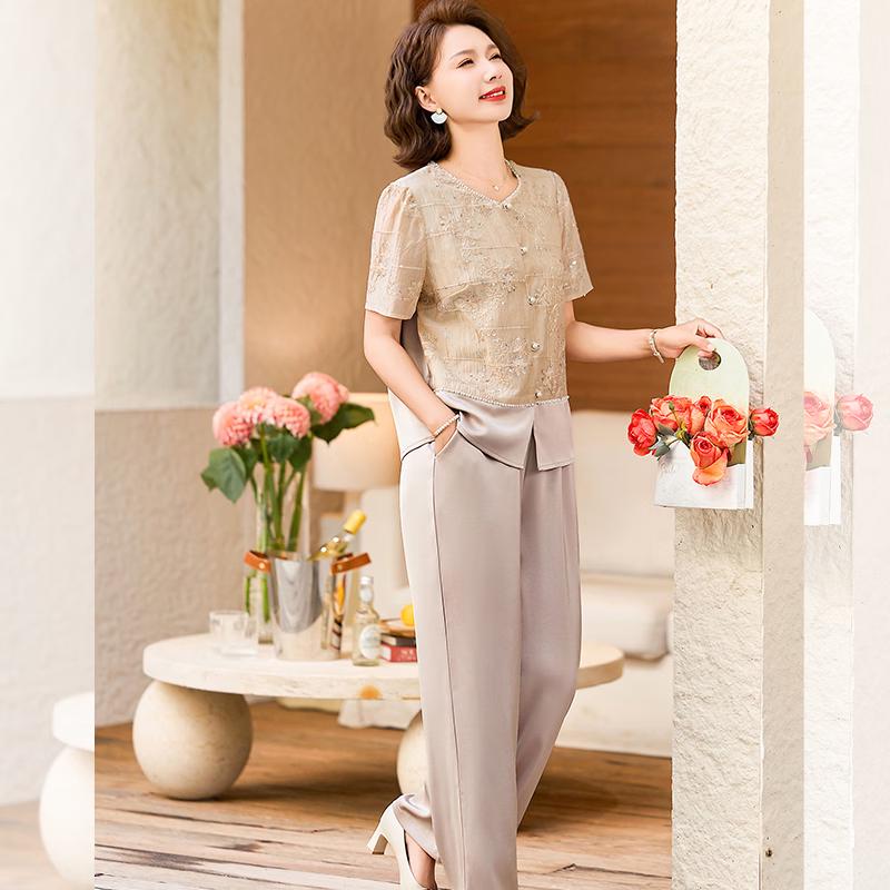 Datang Furen Elegant Embroidered Short-Sleeve Wide-Leg Pants Set