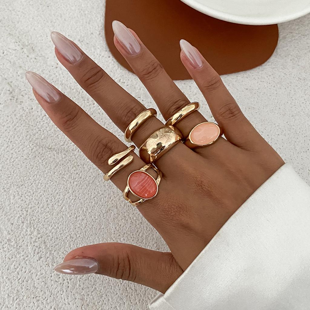 Design Sense Liquid Metal Pleated Ring Set, Exaggerated Style Imitation Gemstone Rhinestone Ring Woman