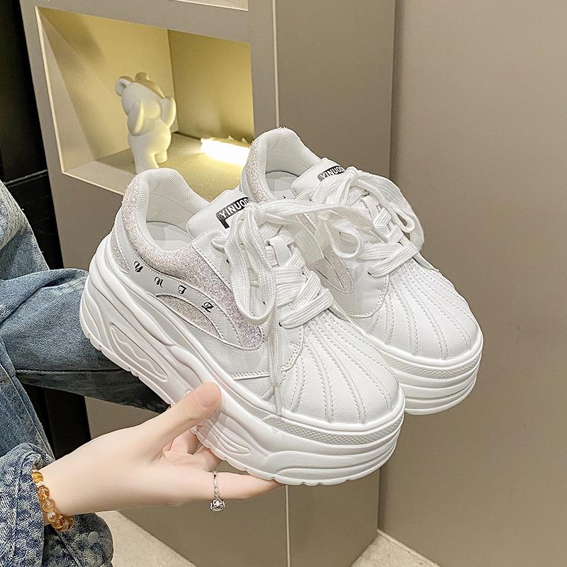 Women Spring Thick Bottom Genuine Leather Sneakers Chunky Breathable Casual Dad Shoes Female High Platform White Sport Shoes 8CM