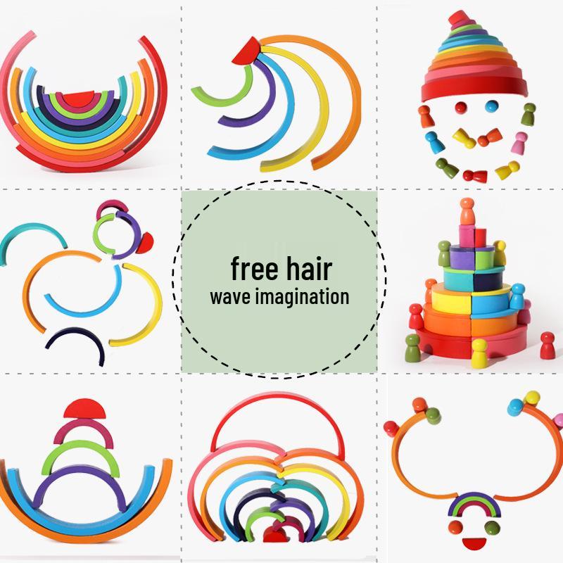 Colorful Wooden Rainbow Arch Bridge & People Stacking Blocks for Children's Early Education