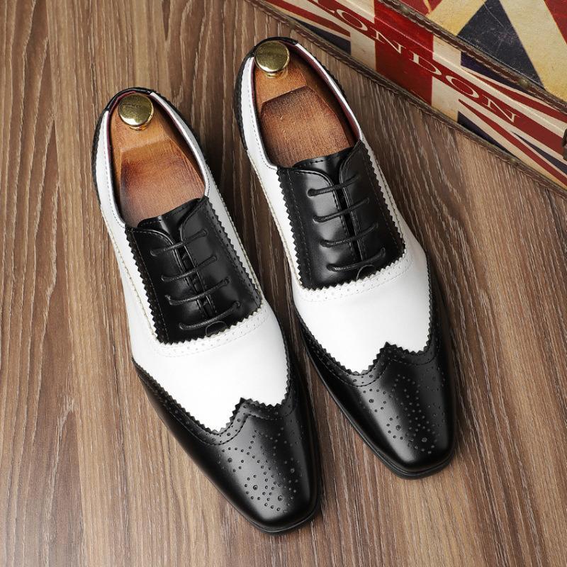 

Роскошные дизайнерские мужские остроносые белые с черным в стиле пэчворк броги оксфорды мужские формальные для свадебного платья выпускного вечера zapatos hombre 39 черный белый