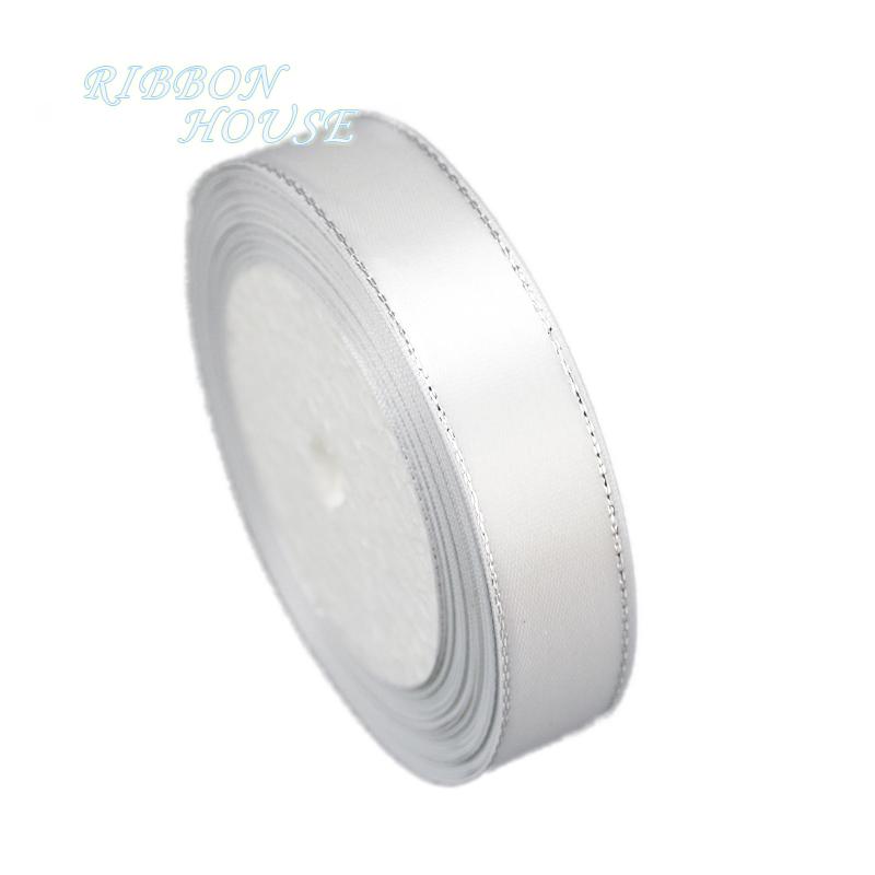 (25 Yards/Rolle) Weißes Silberkanten Satinband Großhandel hohe Qualität Geschenkverpackung Weihnachtsband (6/10/20/25/40mm)