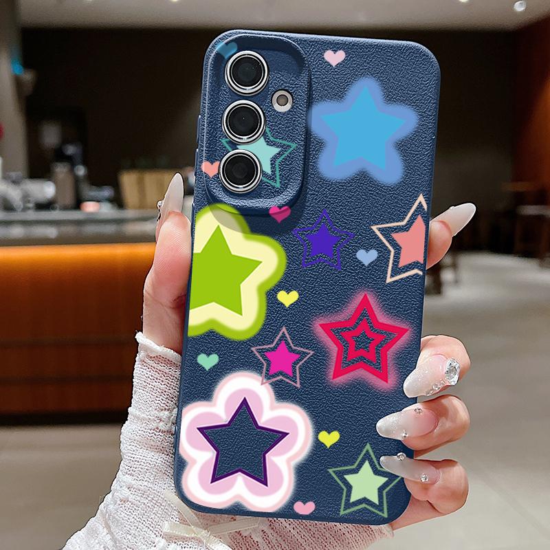 Blended Colorful Stars Pattern Case For Samsung Galaxy S25 Edge S24 Ultra S23 S22 Plus S21 FE S26 Ultra Leather Texture Silicone Cover