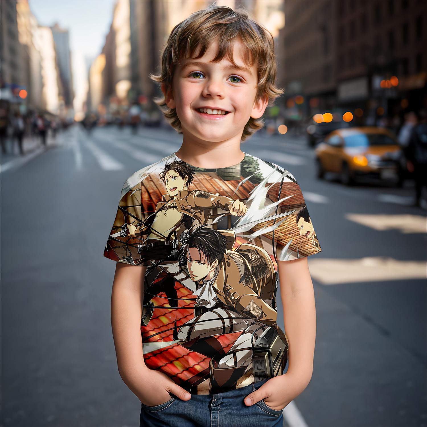 

2024 Літо 4-14 років Дитячі круті хлопчики милі дівчата легкі та дихаючі футболки Attack on Titan Print T-Shirt 150CM