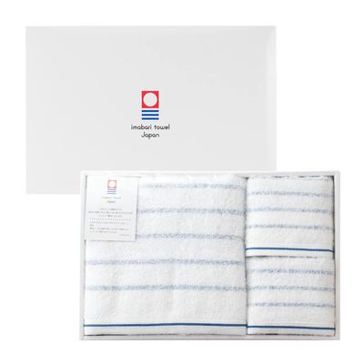 Bloom Imabari Towel Natural Border Gift 1 Bath Towel and 2 Face Made In Gift Boxed Set Towels, Japan, 100% Cotton, (Blue Border)