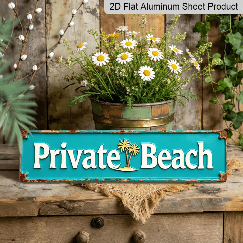 Decoração de Parede de Metal para Praia Privada 2D Plana - Estilo Costeiro Placa Decorativa de Alumínio com Cor Turquesa Vintage e Design de Palmeira, Medindo