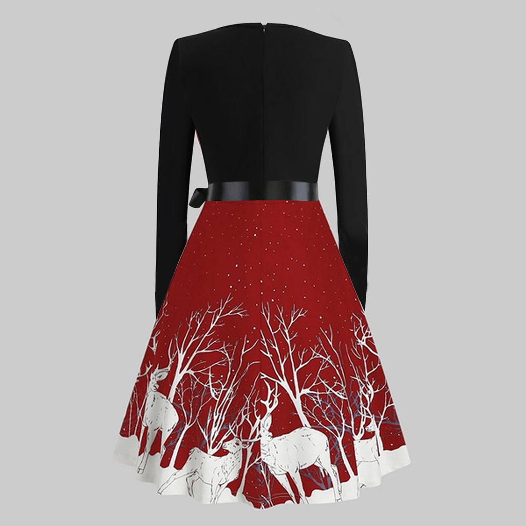 Christmas Print Sequin Patchwork Long Sleeve Dress Deer Skater Party Dresses