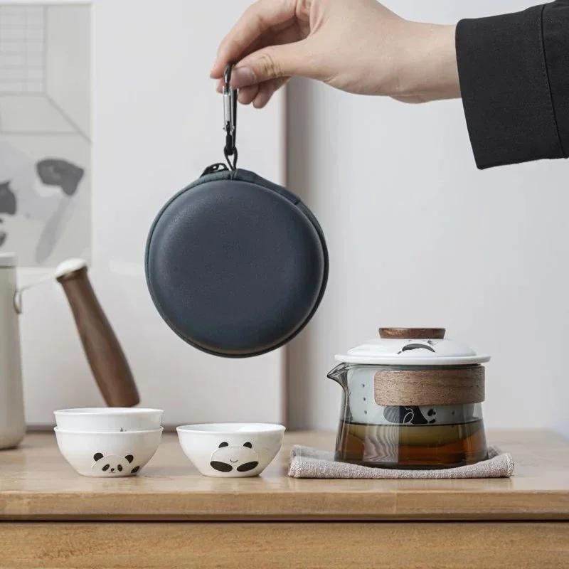 Travel Tea Set Kit 1 Teapot 3 Cups Portable Outdoor Camping Teapot and Tea Cup with Bag Teaware Sets Household Making Tea Tool