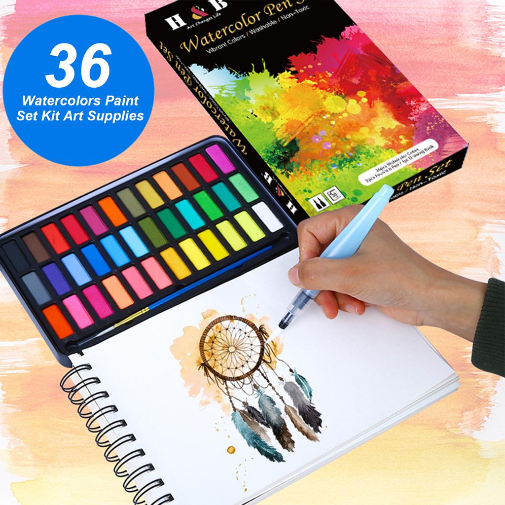 36 Watercolors Paint Set Kit with 1 * Brush Paintbrush/ 2 * Fountain Pen/ 1 * Pninting Book Art