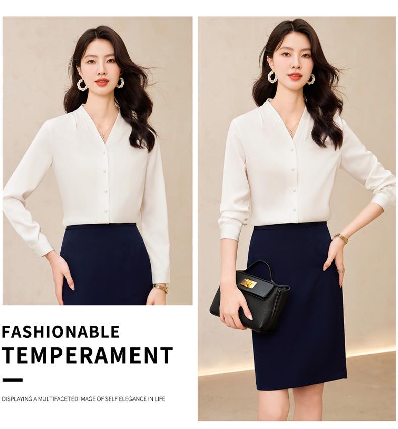 Women's White V-Neck Chiffon Shirt: Formal Spring/Autumn Wear for Interviews and Office.