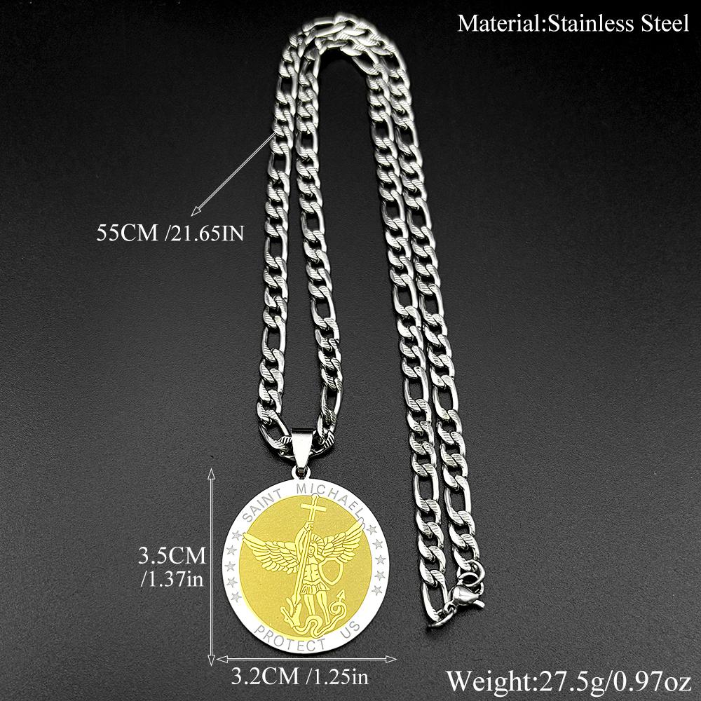 Archangel SAINT MICHAEL PROTECT US Round Pendant Necklace for Women Men Stainless Steel Gold Color Chtistian Chain Jewelry Gift