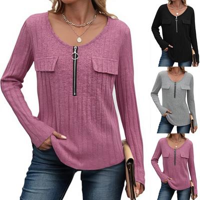 Women's Fashion Casual Zipper Ribbed Long Sleeve Top
