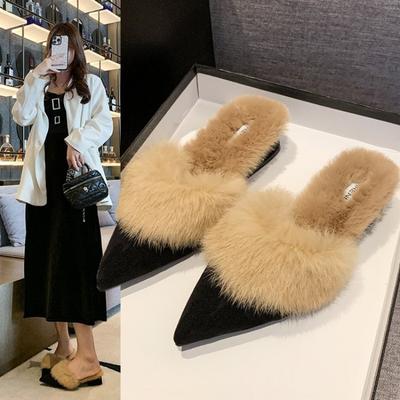 Zapatillas de Moda de Piel Mullida para Mujer Zapatos Mule Cálidos de Punta 2025 Invierno Nuevo Mujer Tacón Bajo de Alta Gama Más Terciopelo Chanclas de Fiesta