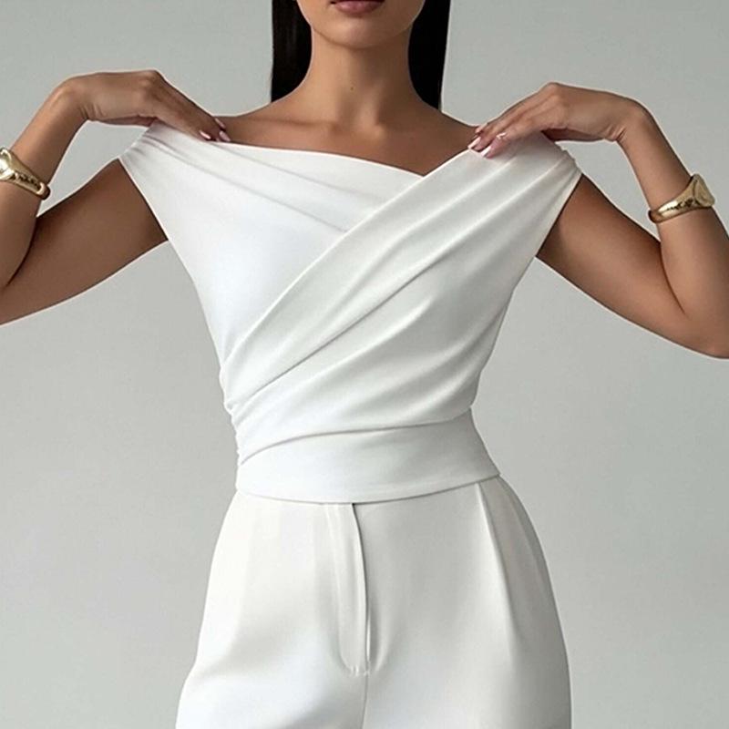 

Spring 2026 New Arrival: European & American Women s Solid Color Irregular Neck Loose Casual Top L білий