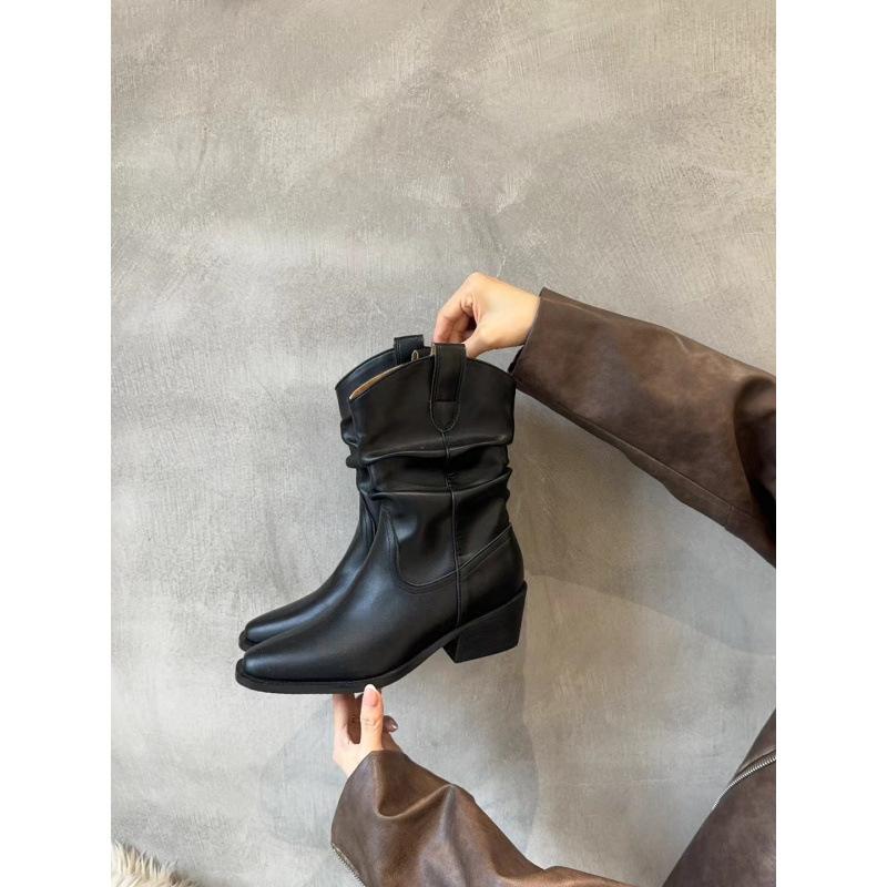 

женские ботинки-казаки в стиле ретро на среднем каблуке, ботинки Мартина с V-образным вырезом, женская обувь 2025 весна, осень и зима, коричневые ботильоны средней длины с острым носком 39