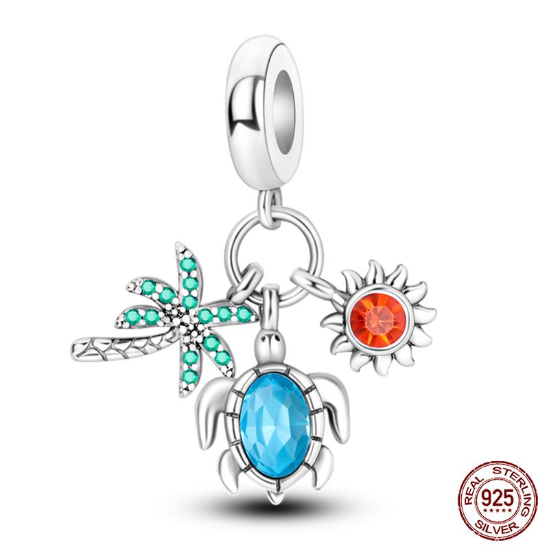 100% Real Prata-Banhado Ocean Series Tartaruga Caranguejo Sereia Charms Contas Fit Original Diy Pulseiras Bangles Jóias Presentes