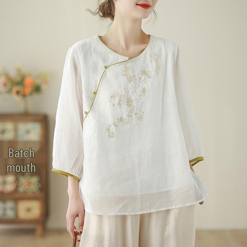 Summer Women s Retro Embroidered Linen Pullover with Stand Collar and Seven Sleeves M
