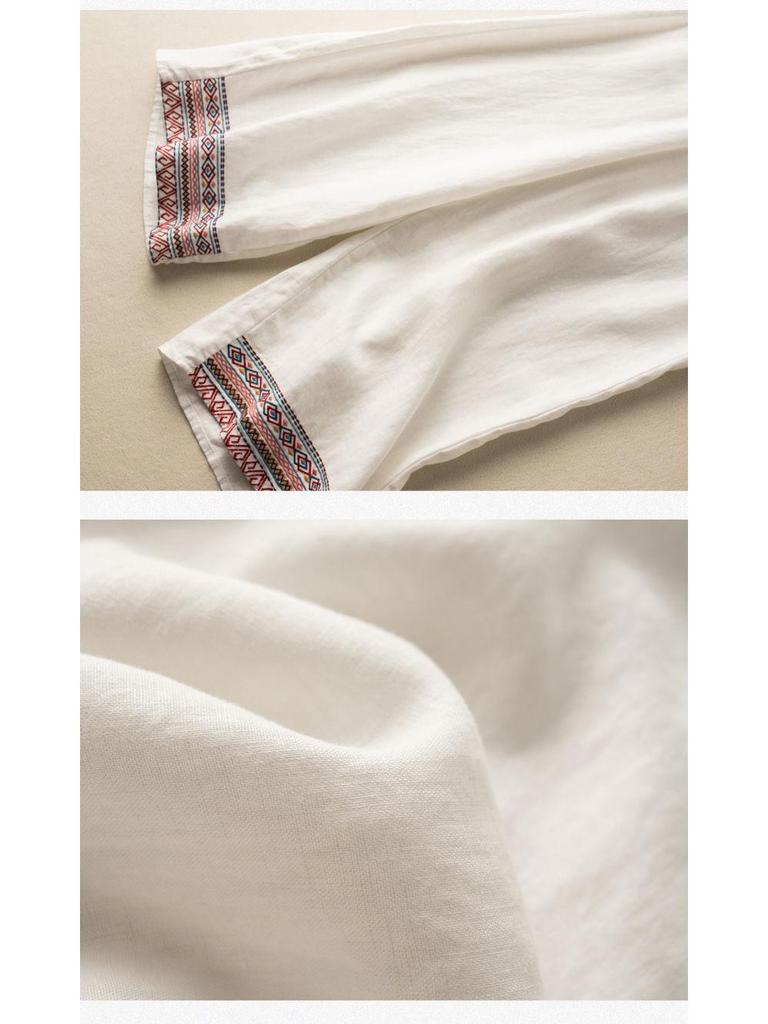 2024 Spring Summer Women's Cotton Linen Embroidered Wide-Leg High-Waist Casual Pants