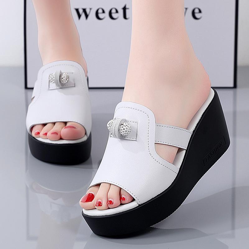 Women White Slide Slippers Summer Open Toe Chunky Wedge Shoes Lady Black Casual Thick Sole Platform Slippers
