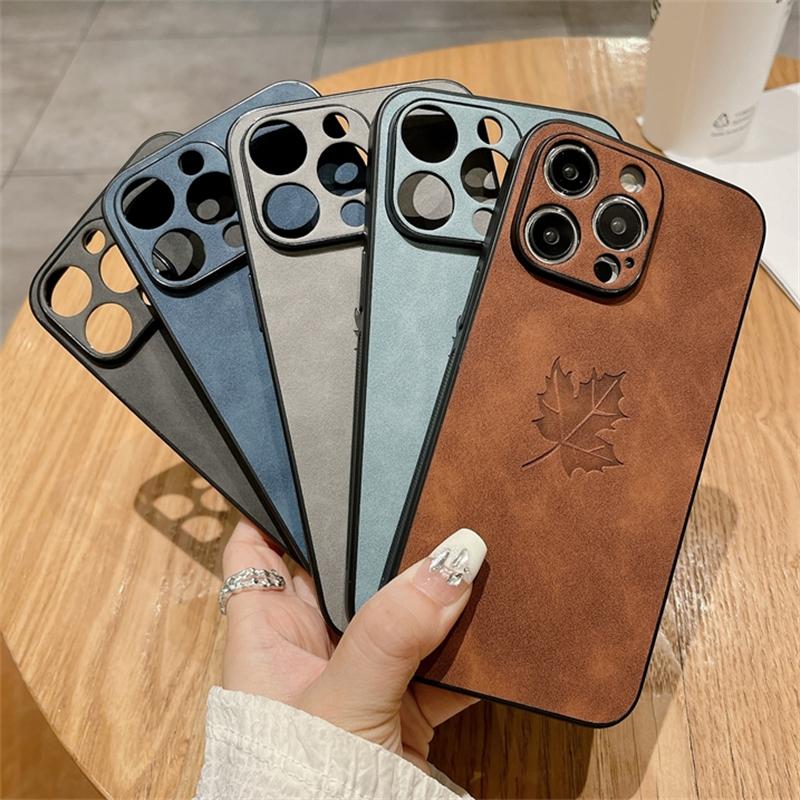 Slim Lambskin Leather Maple Leaves Pattern Phone Case for iphone 16E 11 12 13 14 15 16 Pro Max 15 16 Plus Soft Bumper Back Cover
