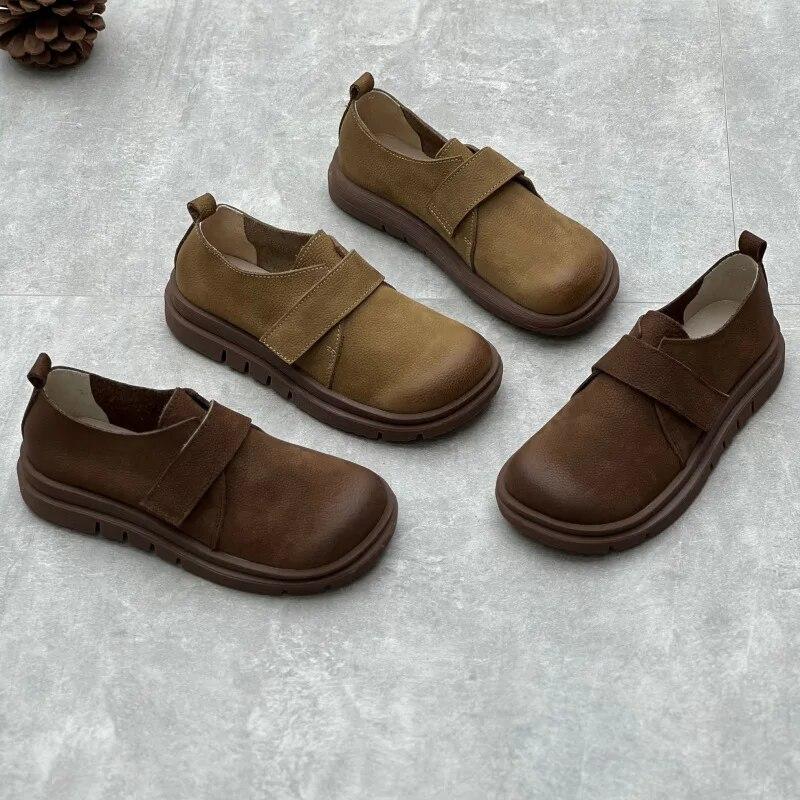Johnature Neformální ploché boty z pravé kůže Retro kulatá špička Měkká podrážka Pohodlné jednobarevné boty