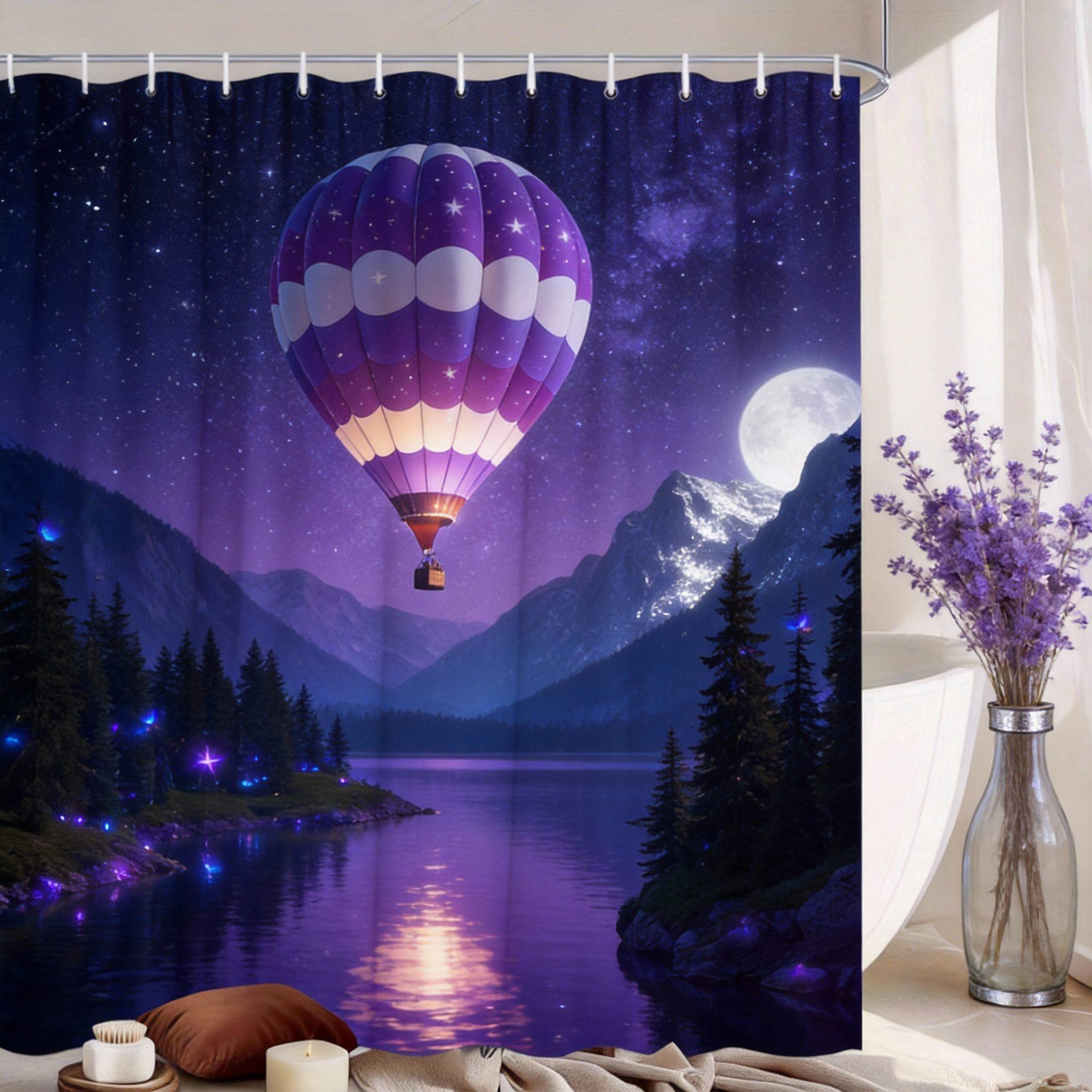 Hot Air Balloon Shower Curtain Mountain Lake Landscape Print Polyester Bath Curtain With Hooks For Nature Adventure Decor W60H190(CM)-1 Pcs