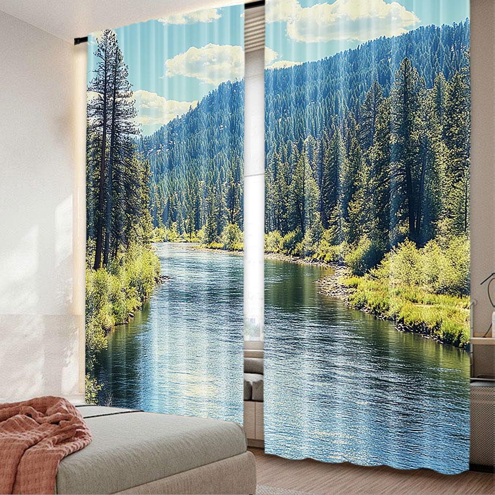 

2 шт. Пейзажные шторы Живописная гора с соснами и текущей рекой Листва Дневной вид природы для спальни гостиной и 29x65in(75x166cm)