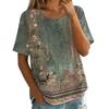 Women's Vintage Floral Print Short Sleeve Round Neck Blouse Lightweight Breathable Linen Blend Casual Top for Summer