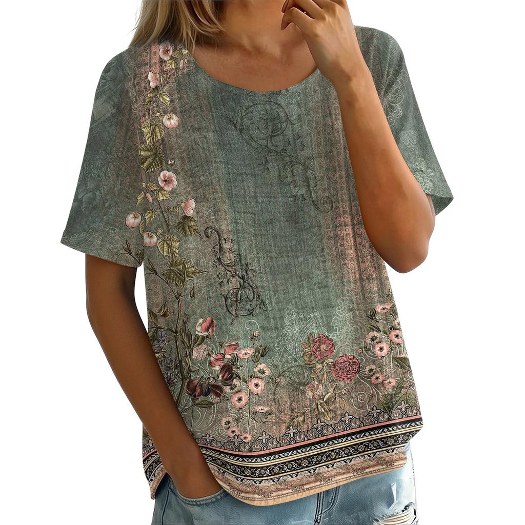 Women's Vintage Floral Print Short Sleeve Round Neck Blouse Lightweight Breathable Linen Blend Casual Top for Summer