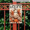 2D Flat Welcome Cute Ghost Floral Pumpkin Autumn Metal Sign - 8.0x12.0inch Aluminum Wall Art, Vintage Neutral Floral Halloween Front Porch Decor