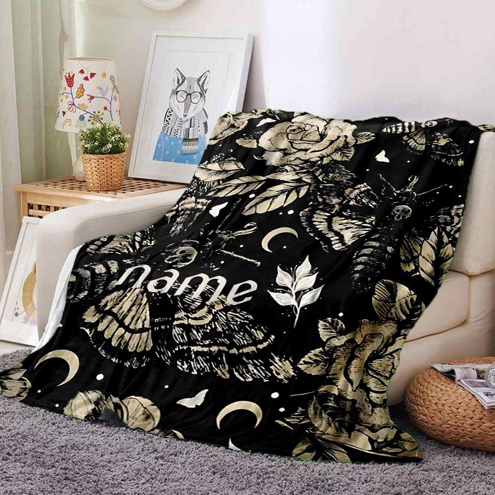 Nighttime Floral Moth Dreams Cozy Customizable Blanket Customize Your Name Durable Comfort For Sofa Couch Office Bed Picnics Four Seasons Universal