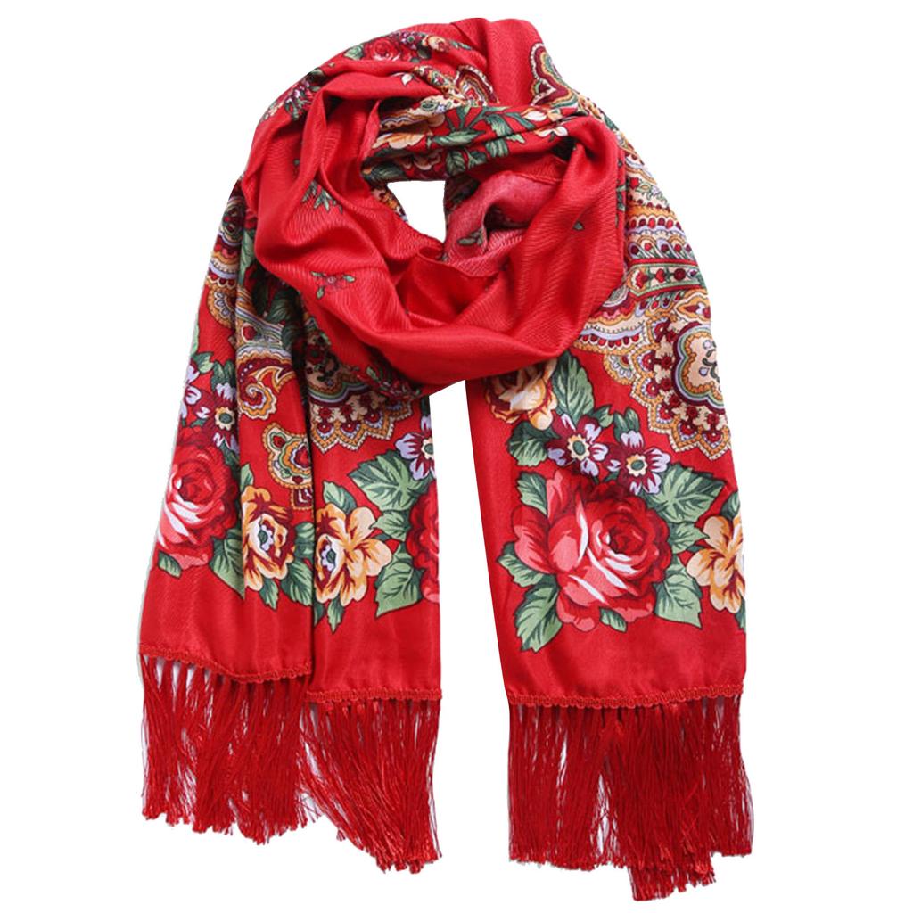 Écharpe Babushka Style Ukrainien - Coton Avec Pompons | 190x66 Cm