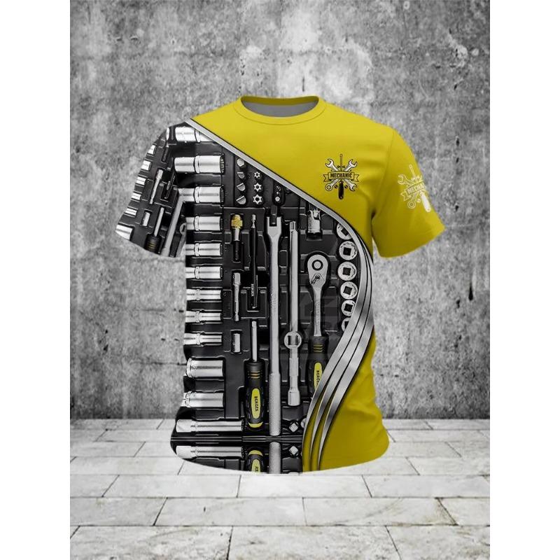 Summer Round Neck 3D Machine Tools Print Top Fashionable Casual Short Sleeved Men's T-shirts