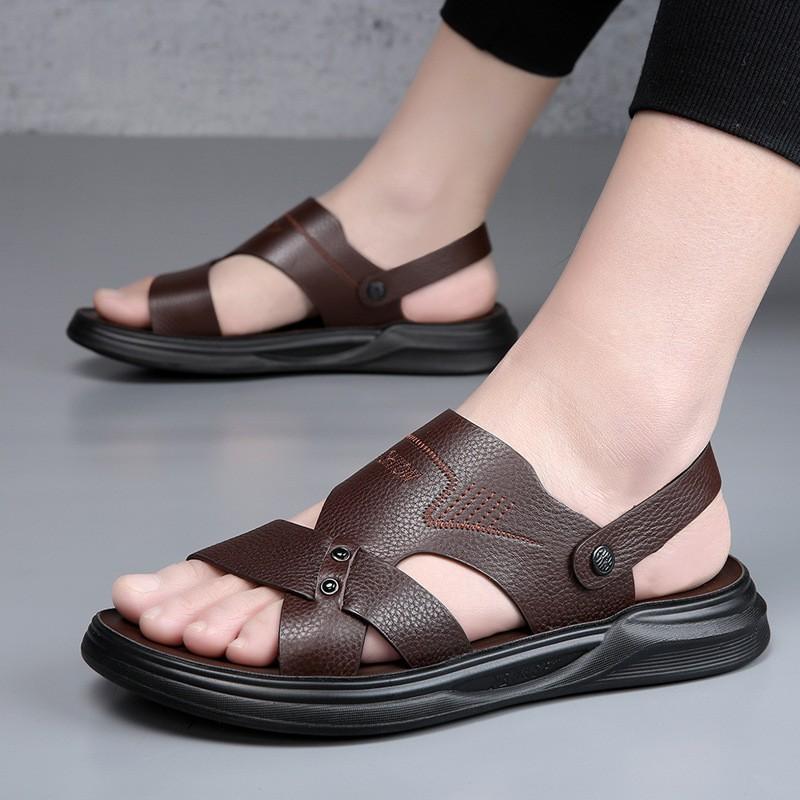 Mens Genuine Leather Slide Sandals Breathable TPR Sole Outdoor Casual Slip-On Footwear Beach